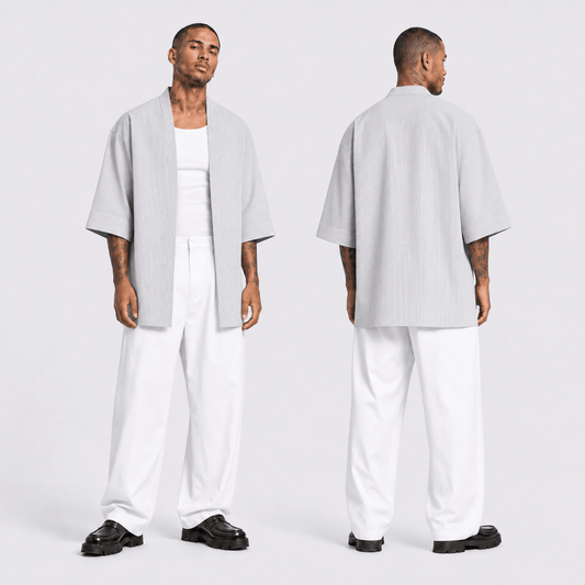 Beyaz Lacivert Dikey Çizgili Unisex Kimono - Afterbase