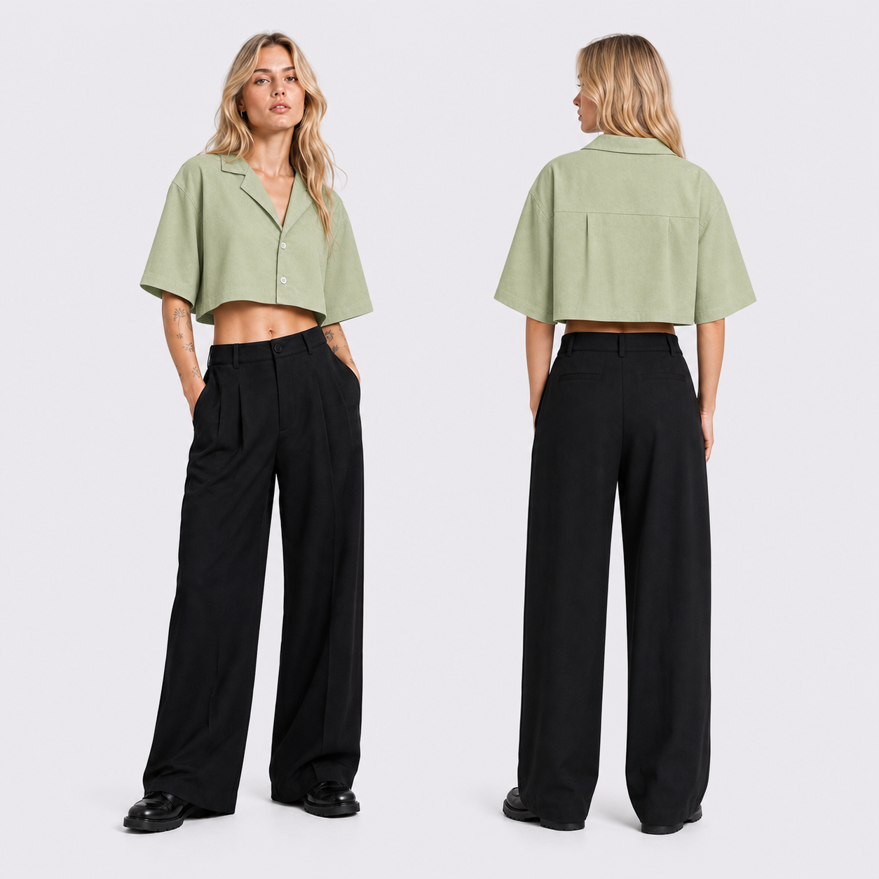 Afterbase mint yeşil crop gömlek modelli ön ve arka görünüm