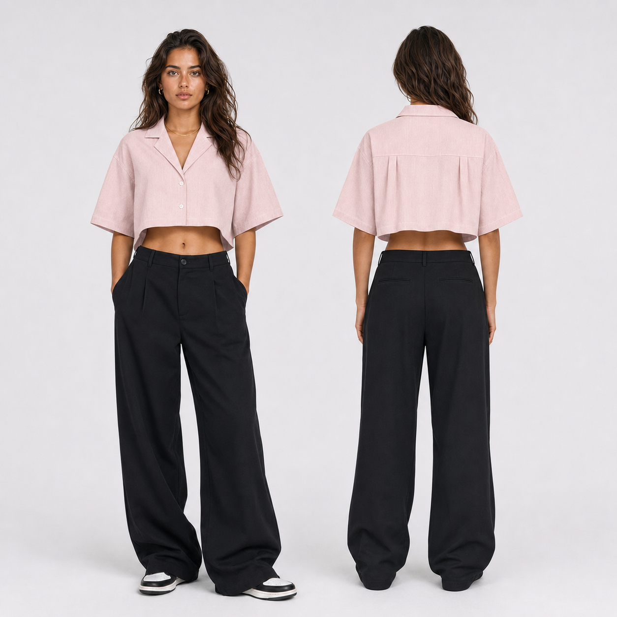 Afterbase pembe çizgili crop gömlek modelli ön ve arka görünüm