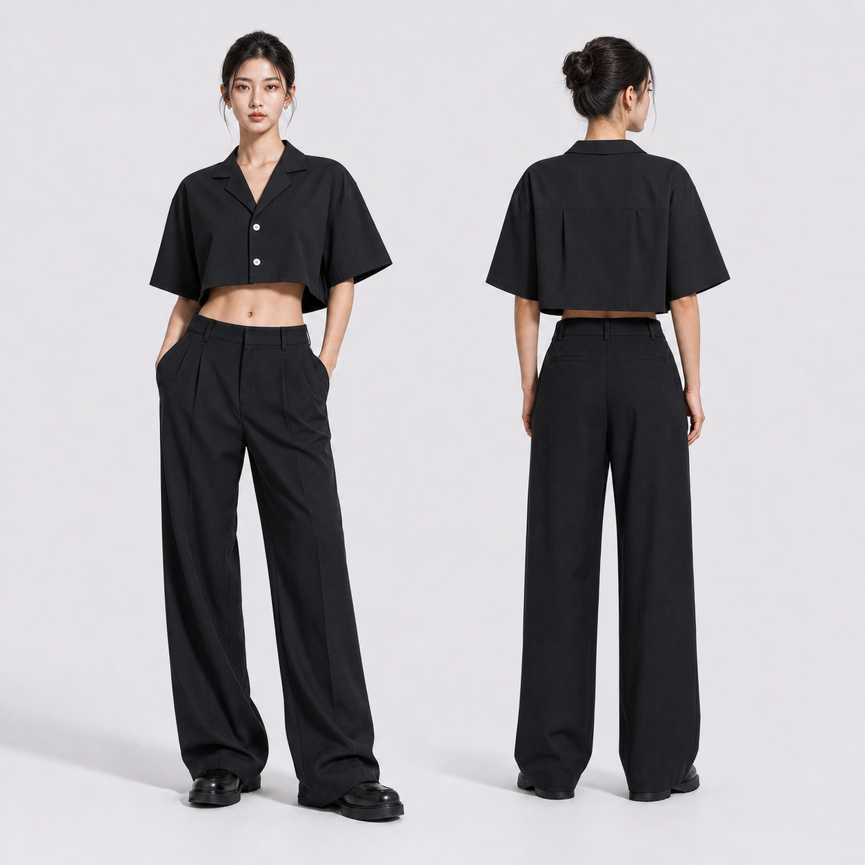 Afterbase siyah çizgili crop gömlek modelli ön ve arka görünüm