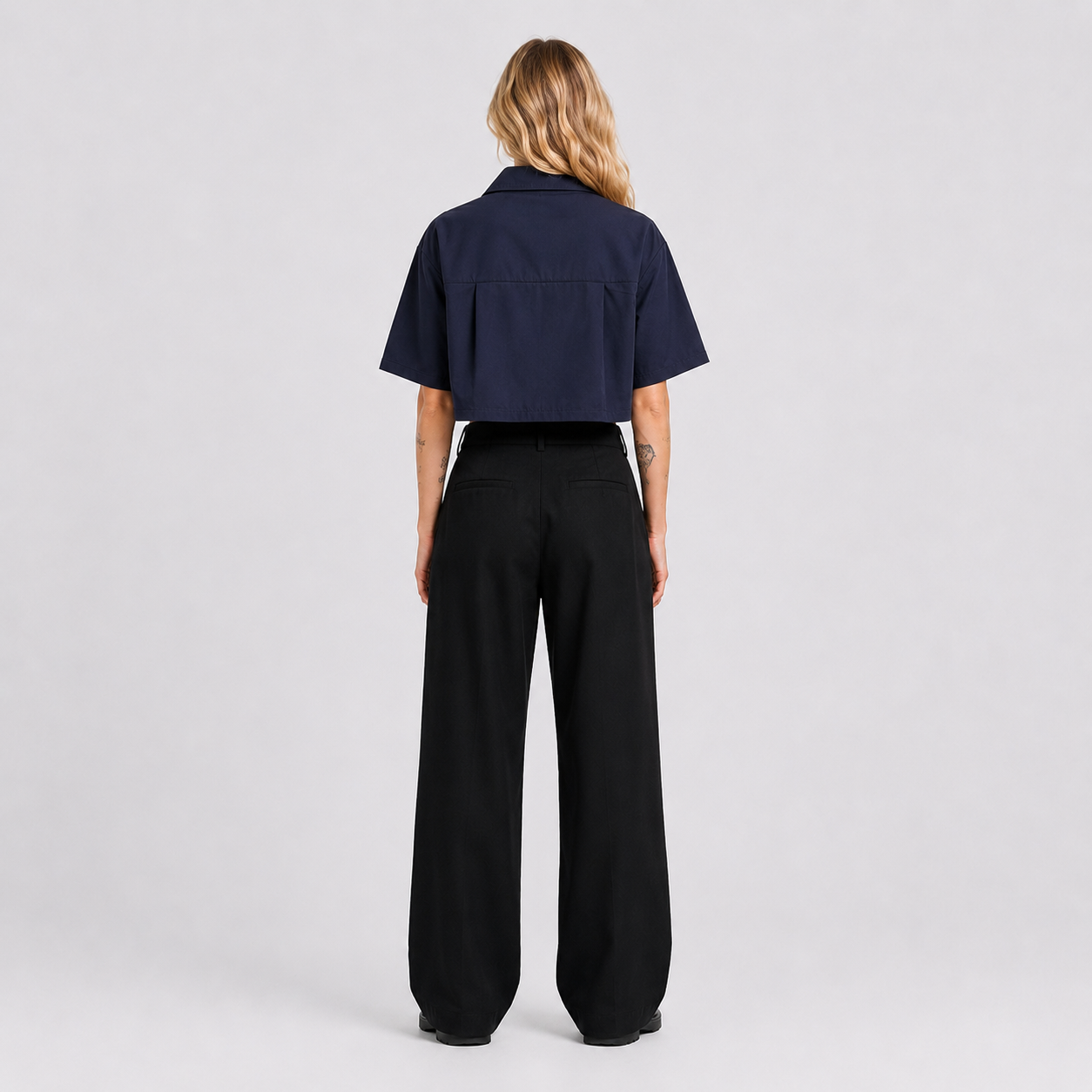 Afterbase Lacivert Crop Gömlek modelsiz ön ve arka görünüm