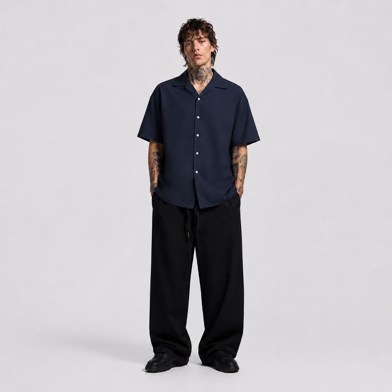 Afterbase Lacivert Oversize Erkek Gömlek ön ve arka kapak görünümü