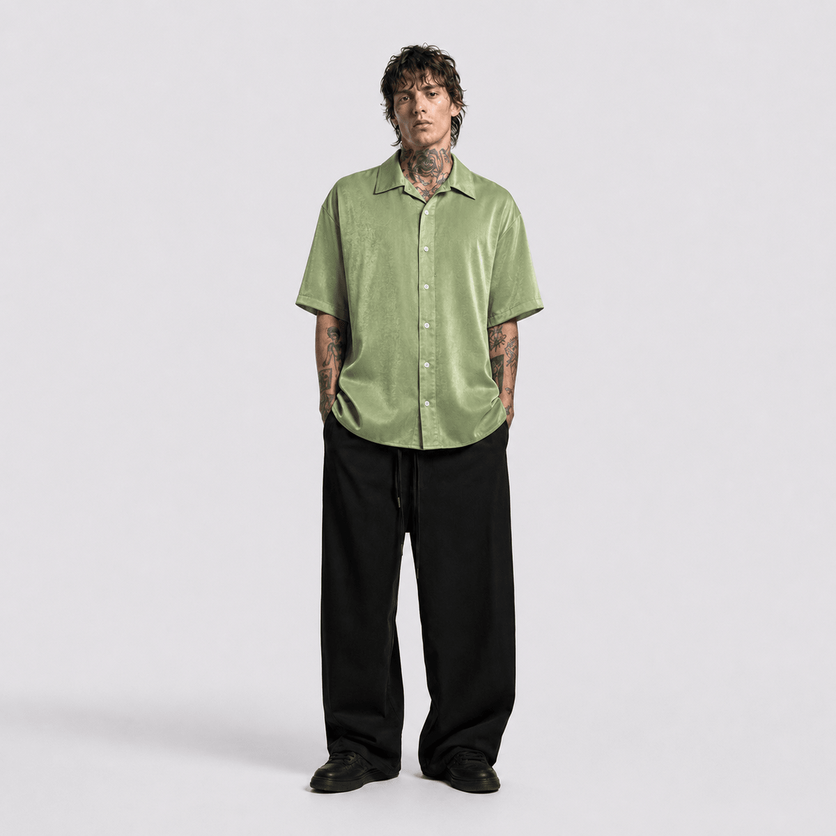 Bambu Yeşili Kadife Oversize Erkek Gömlek