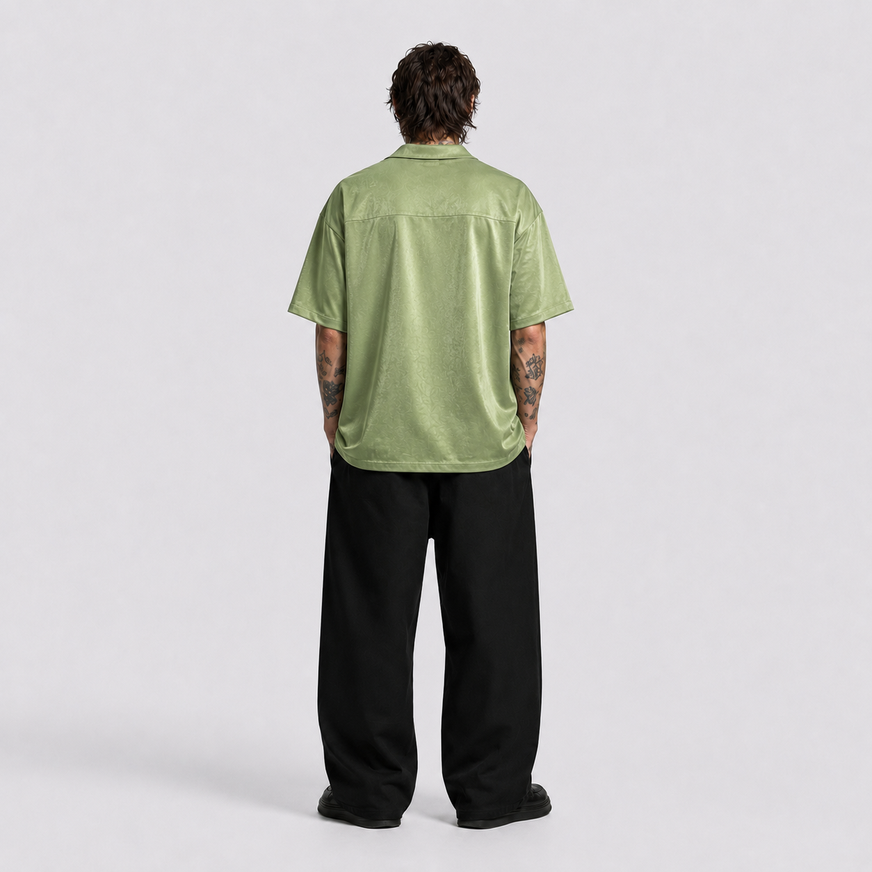 Afterbase Bambu Yeşili Kadife Oversize Erkek Gömlek modelsiz ön görünüm