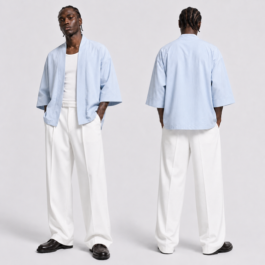 Afterbase Bebek Mavisi Unisex Kimono erkek model üzerinde ön ve arka görünüm