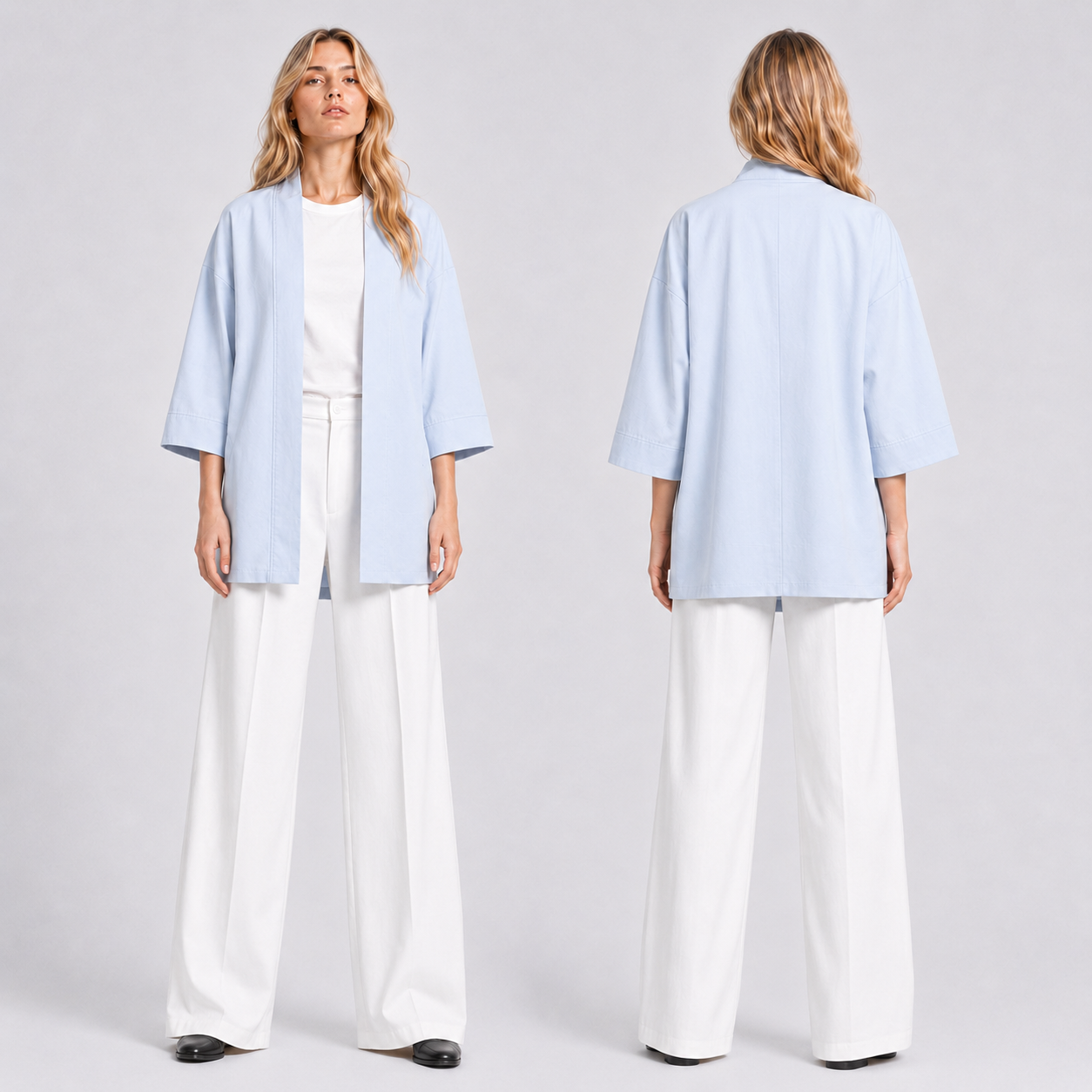 Afterbase Bebek Mavisi Unisex Kimono kadın model üzerinde ön ve arka görünüm