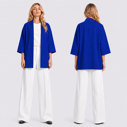 Afterbase Saks Mavisi Unisex Kimono kadın model üzerinde ön ve arka görünüm