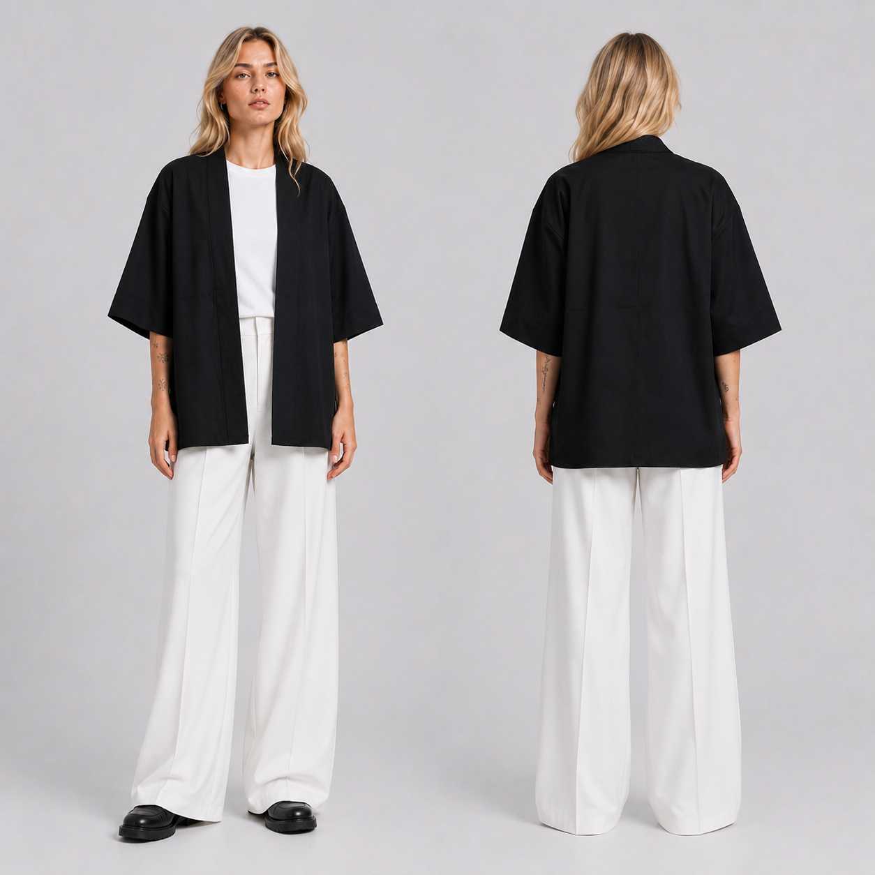 Afterbase Siyah Unisex Kimono erkek model üzerinde ön ve arka görünüm