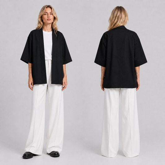 Afterbase Siyah Unisex Kimono erkek model üzerinde ön ve arka görünüm