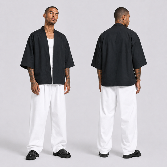 Afterbase Siyah Unisex Kimono kadın model üzerinde ön ve arka görünüm