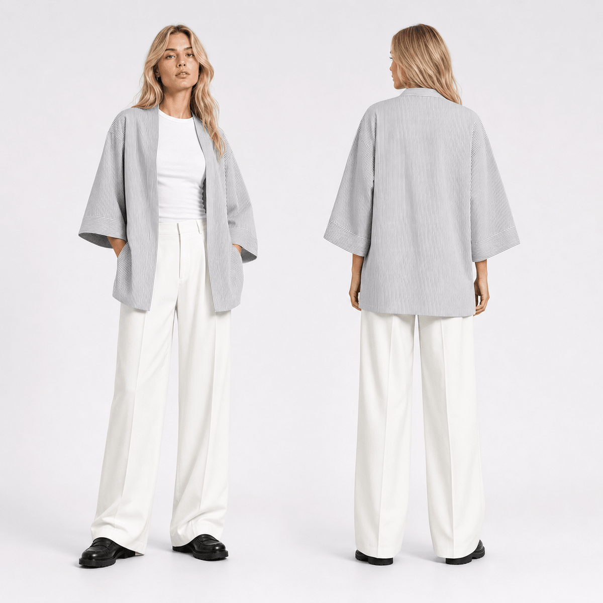 Beyaz Lacivert Dikey Çizgili Unisex Kimono