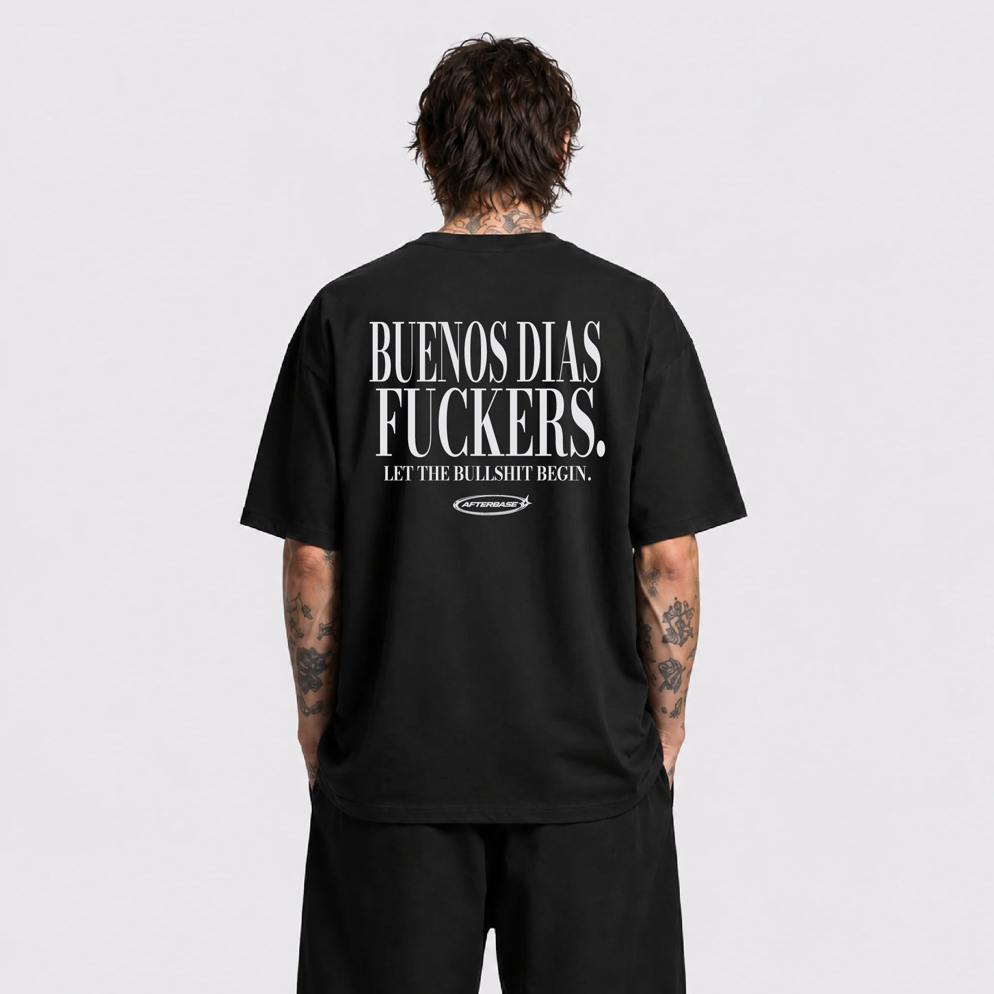 Afterbase Buenos Dias Fuckers siyah oversize tişört - erkek model