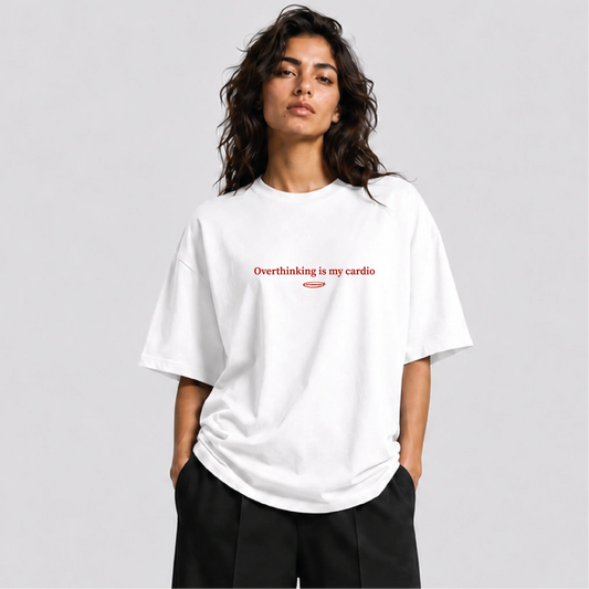 Afterbase Overthinking Is My Cardio beyaz oversize tişört - kadın model