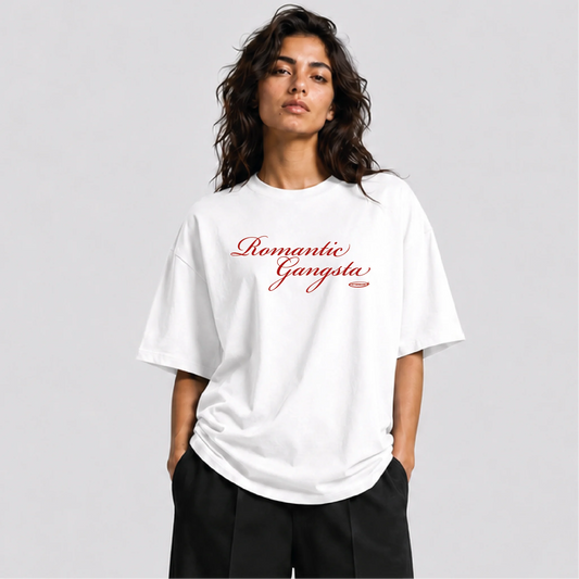 Afterbase Romantic Gangsta beyaz oversize tişört - kadın model