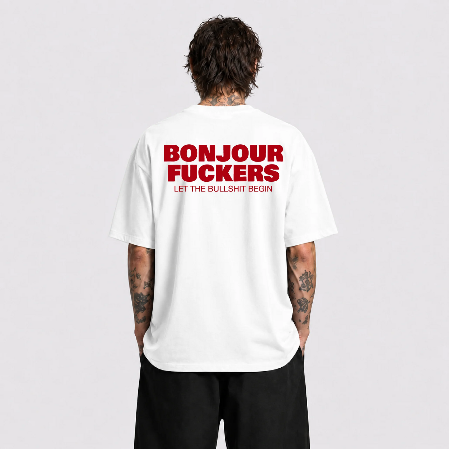 Afterbase Bonjour Fuckers beyaz oversize tişört - erkek model
