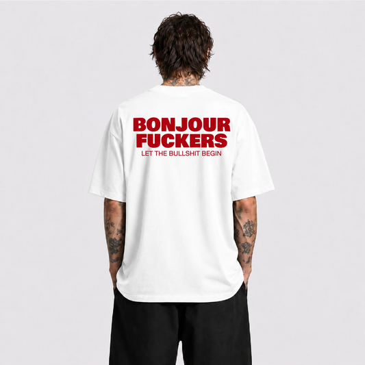 Afterbase Bonjour Fuckers beyaz oversize tişört - erkek model