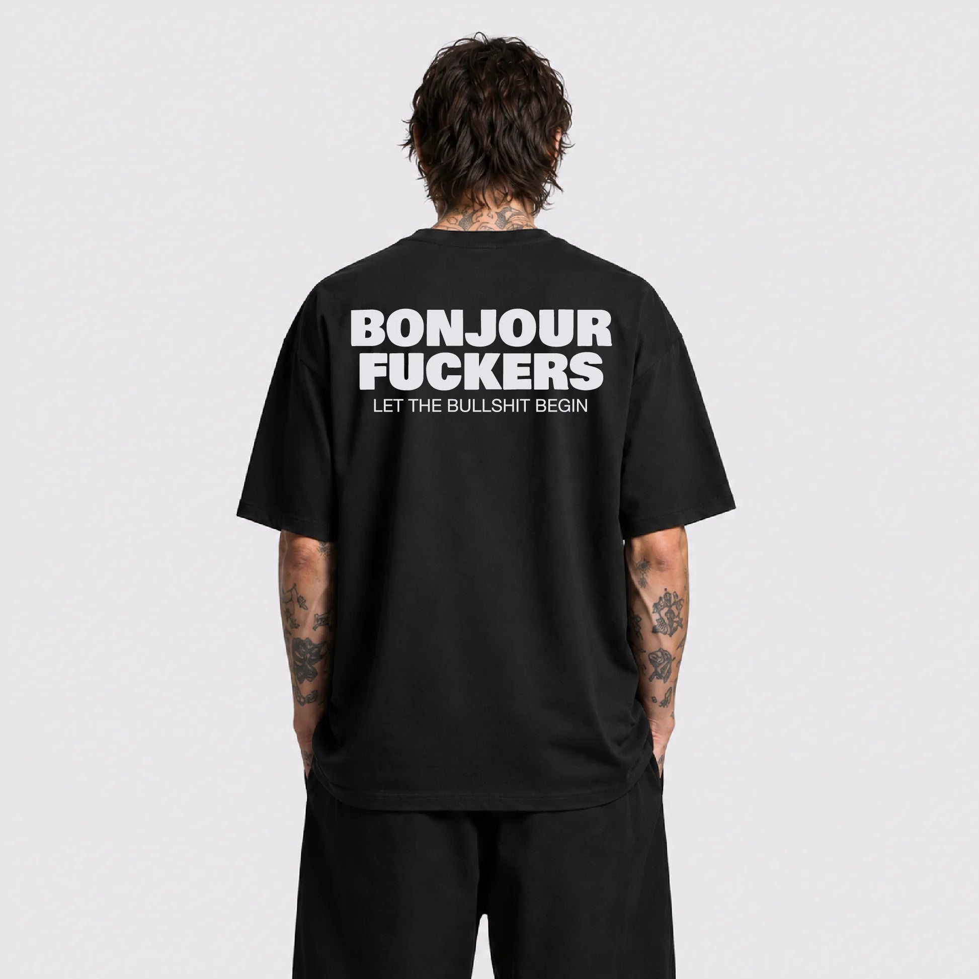Afterbase Bonjour Fuckers siyah oversize tişört - erkek model