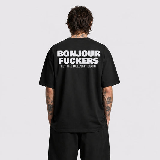 Afterbase Bonjour Fuckers siyah oversize tişört - erkek model